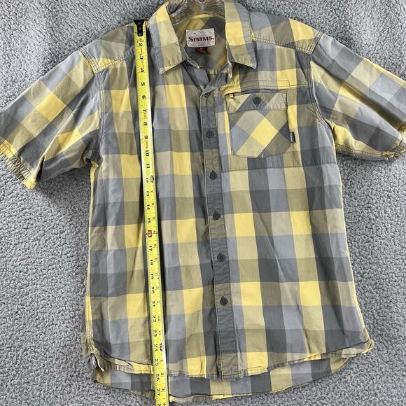 Simms Shirt Mens Medium M Yellow Gray Plaid Button Up Pocket Fishing Short - Picture 4 of 6